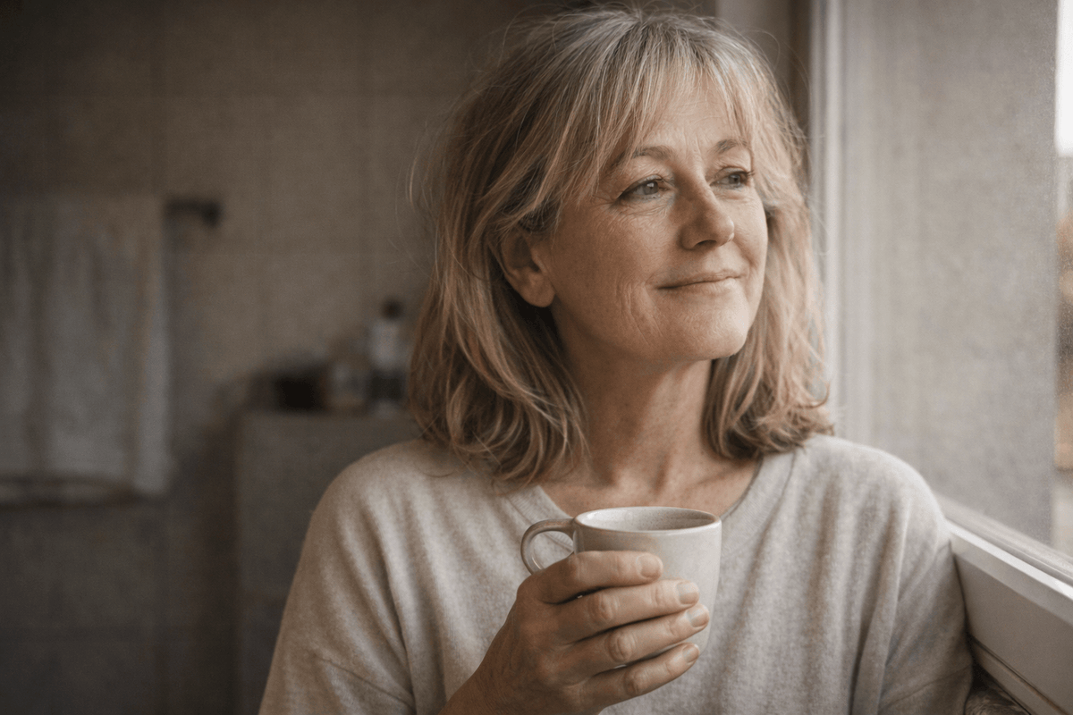 Femme d'une cinquantaine d'années dans une cuisine lumineuse au petit matin, tasse de café, expression apaisée