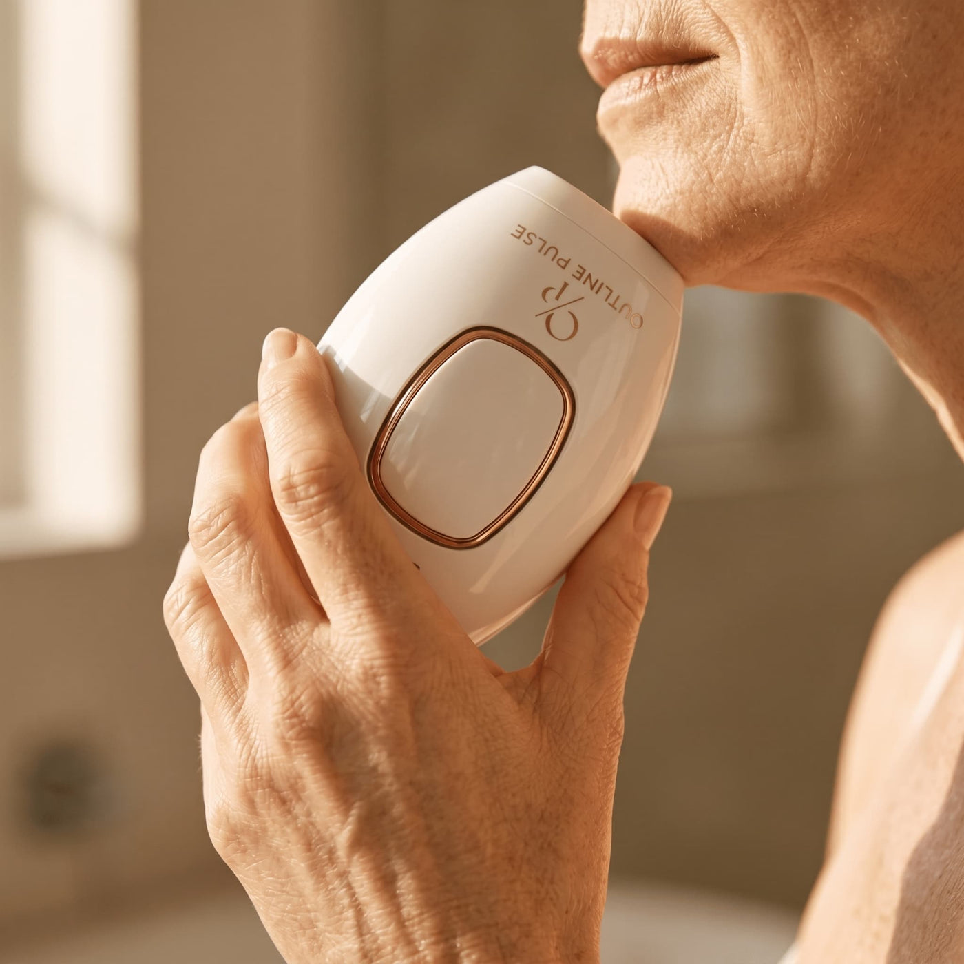 Halo tenu en main par une utilisatrice 50+, près du visage