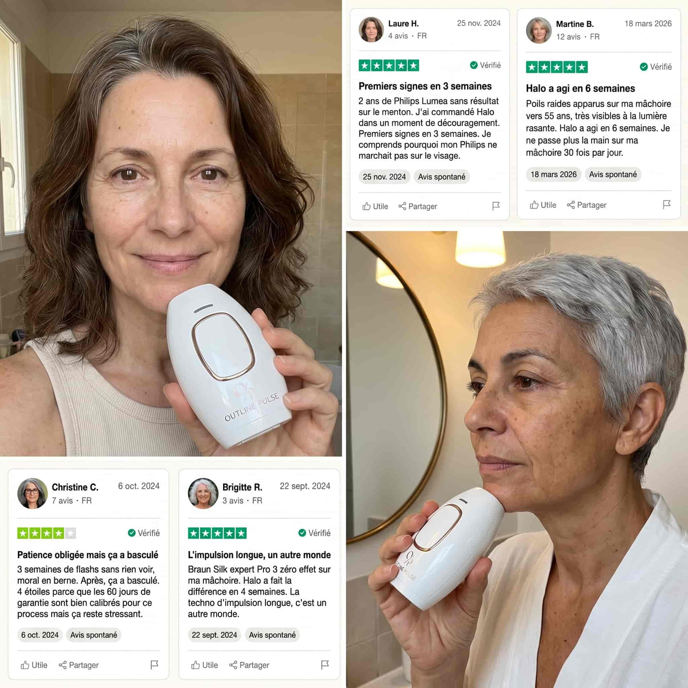 Collage : utilisatrices Halo + 4 avis Trustpilot vérifiés (Laure H., Martine B., Christine C., Brigitte R.)