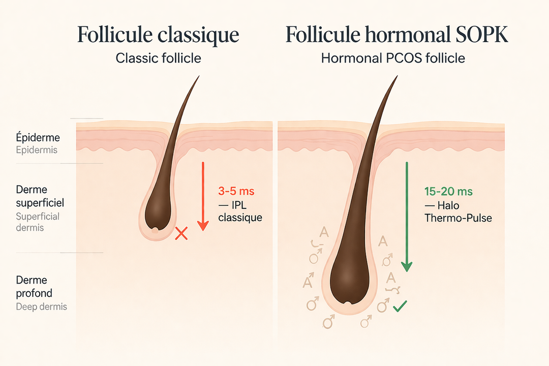 Schéma comparatif follicule classique vs follicule hormonal SOPK