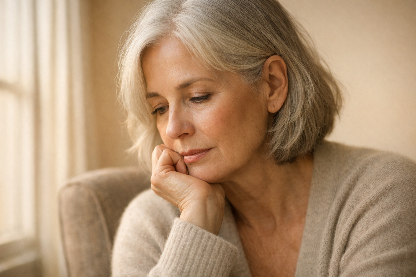 Femme touchant son menton avec un geste discret
