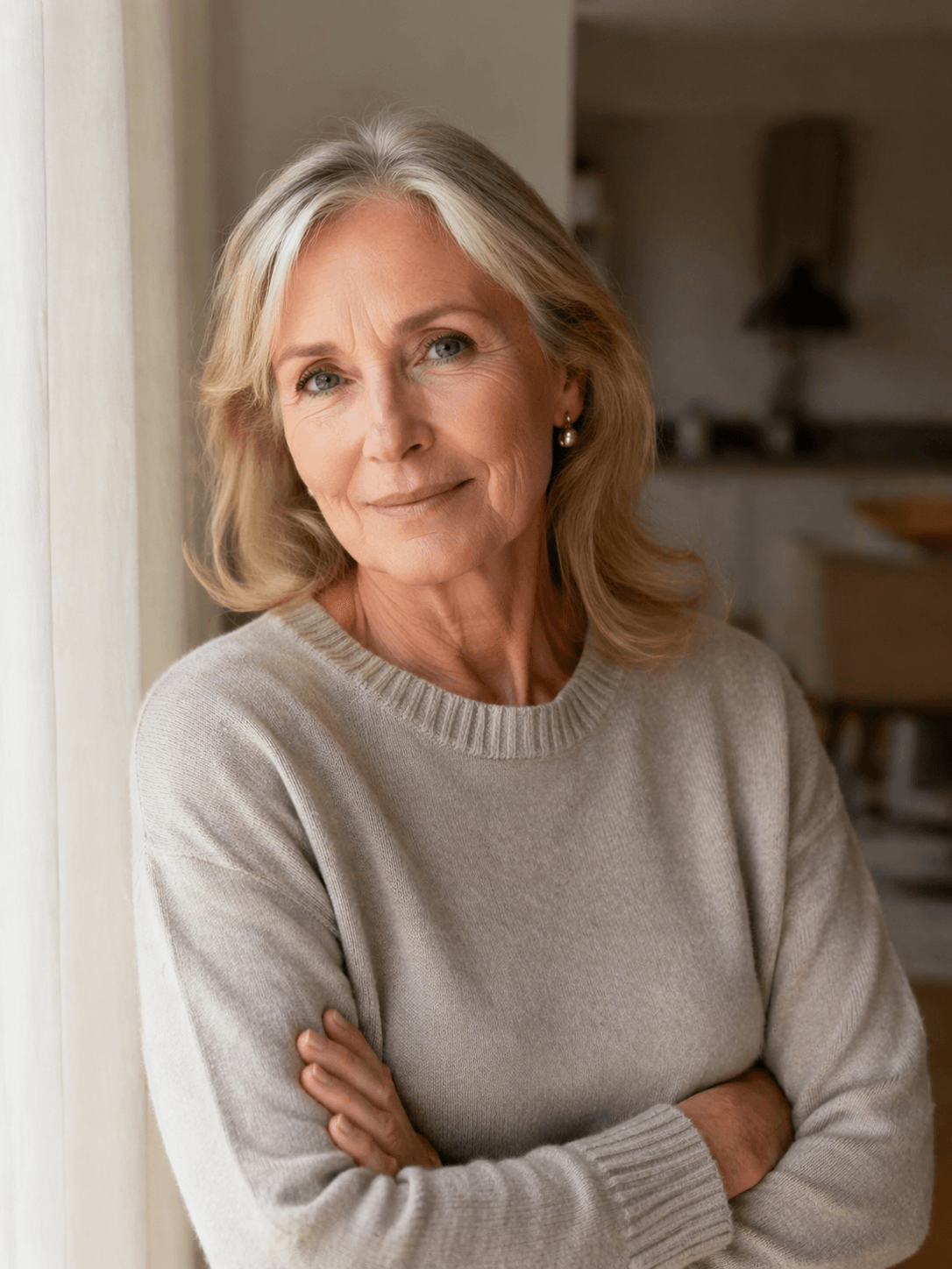 Portrait éditorial d'une femme de 55 à 60 ans, lumière naturelle, regard posé, expression authentique