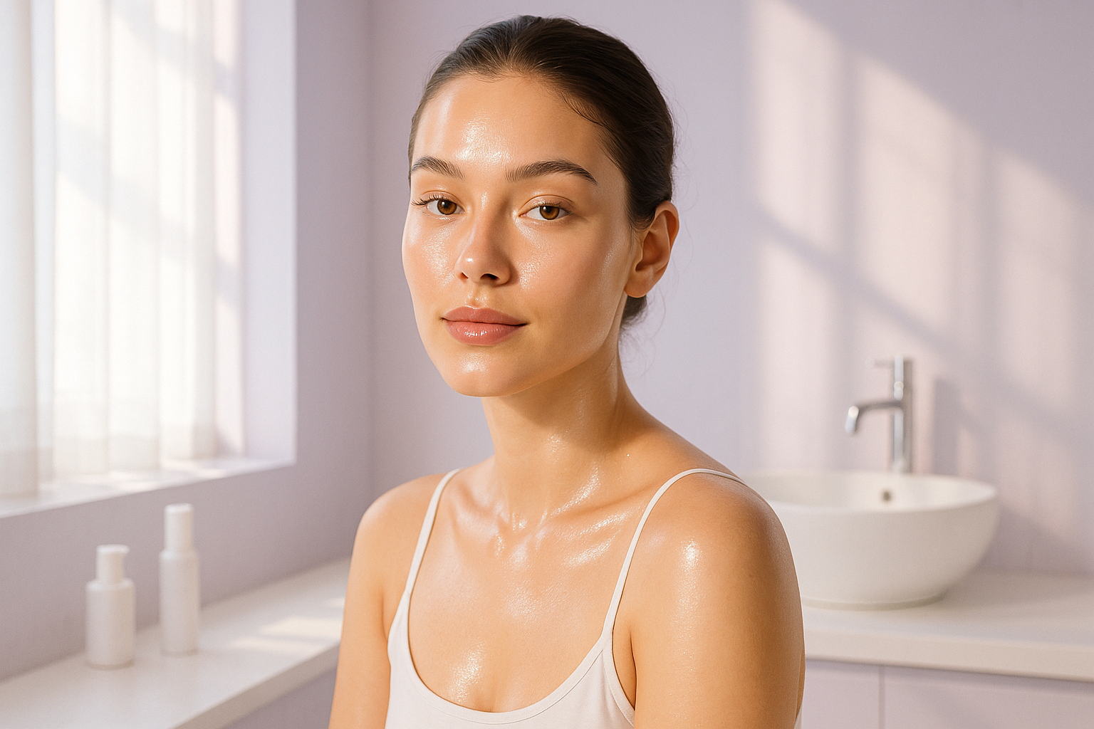 A young woman with glowy healthy skin in a bright minimalist bathroom, 
gentle sunlight, pastel lavender and white tones, modern clean beauty aesthetic, 
premium skincare brand style, calm confident expression.

